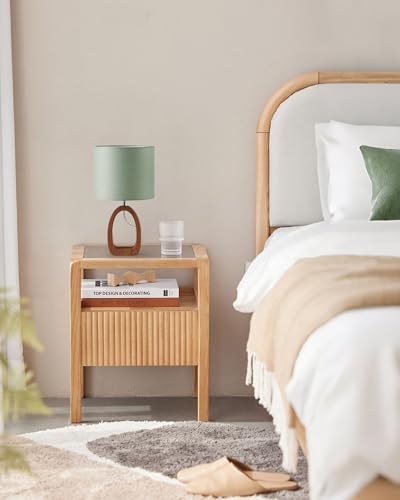 Green Table Lamp, 14.2" Small Bedside Lamp with Green Linen Lampshade & Dark Wood Base, Modern Nightstand Lamp for Bedroom, Kids Room, Living Room, Corner, E26 Socket, LJ07TL05 - Image 2