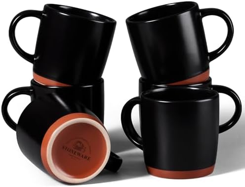 E-far Ceramic Coffee Mug Set of 6, 12oz Modern Coffee Cups, Matte Black by E-far