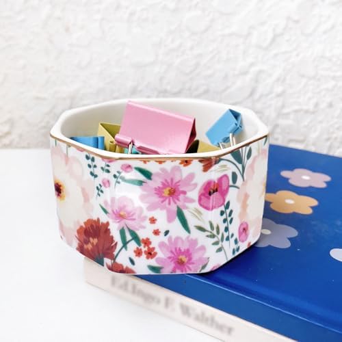 Ceramic Paper Clip Holder Gold Line Paper Clip Dispenser Organizer for Desk Cute Floral Pattern Office Binder Clip Holder Bobby Pin and Hair Clip Holder Gift for Office (White Pink) - Image 5