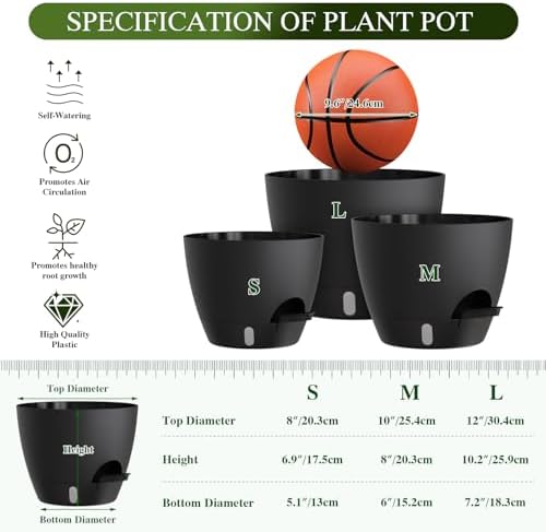 Self Watering Pots with Drainage Holes, 3 Pack 12/10/8 Inch Plant Pots with Water Level Indicator Deep Reservoir, Large Plastic Planter for Indoor Outdoor Plants - Black - Image 2