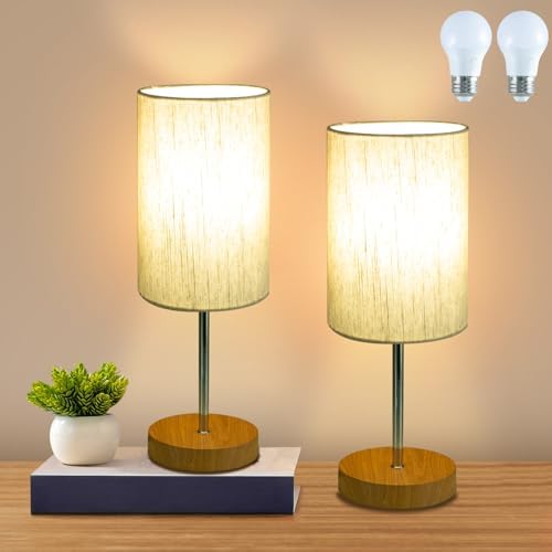 RISLG 2 Pack Small Table Lamps, Bedside Lamps for Nightstand with Wire Switch, Modern Minimalist Desk Lamp with Linen Fabric Shade for Dorm Kids Room Living Room Office Bedroom, Bulb Included-L by Rislg