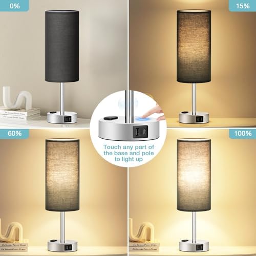 Fenmzee Black Bedside Lamp for Bedroom, Dimmable Touch, USB A+C, AC Outlet - Image 2