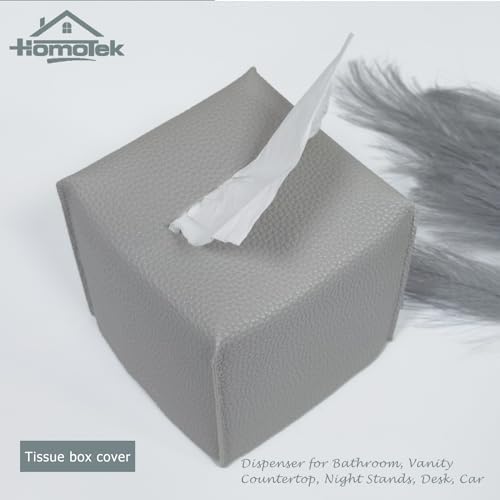 HOMOTEK 2 Pack Tissue Box Cover, Square PU Leather Tissue Holder, Decorative Facial Tissue Cube Paper Organizer Dispenser for Bathroom, Night Stands, Desk, Car 5X5X5'' - Light Gray, Pebble Grain - Image 3