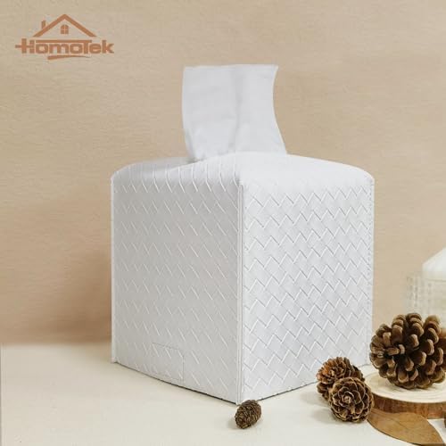 HOMOTEK 1 Pack Tissue Box Cover, Square PU Leather Tissue Holder, Decorative Facial Tissue Cube Paper Organizer Dispenser for Bathroom, Night Stands, Desk, Car 5X5X5'' - Woven Waffle, Pure White - Image 5