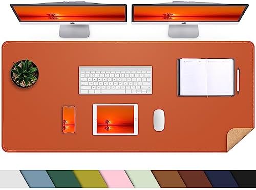 AFIING Desk Mat 47.2" x 17", Leather Desk Pad Protector with Natural Cork & PU Leather, Non-Slip Office Desk Mat, Double-Sided Mouse Pad, Waterproof Large Desk Pad for Office and Home (Orange) by AFIING