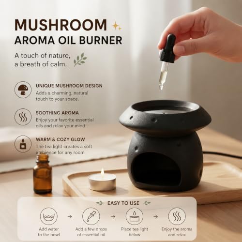 Ceramic Essential Oil Burner, Mushroom Shaped Wax Melt Burner with Tealight Candle Holder, Black Scented Oil Warmer for Fragrance Wax Melts, Home Bedroom Bathroom Decor, 4.6 x 4.2 in - Image 4