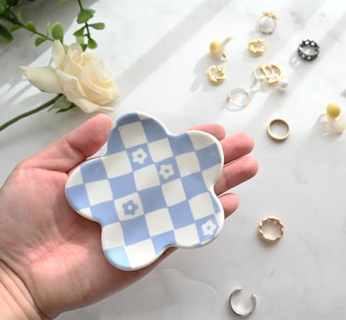 Blue Checkered Jewelry Dish, Ceramic Flower Trinket Tray for Rings & Earrings, Trendy Teen Girls Birthday Gifts, Aesthetic Room Decor for Nightstand Vanity Bathroom Sink & Dorm Desk, 3.8" - Image 3