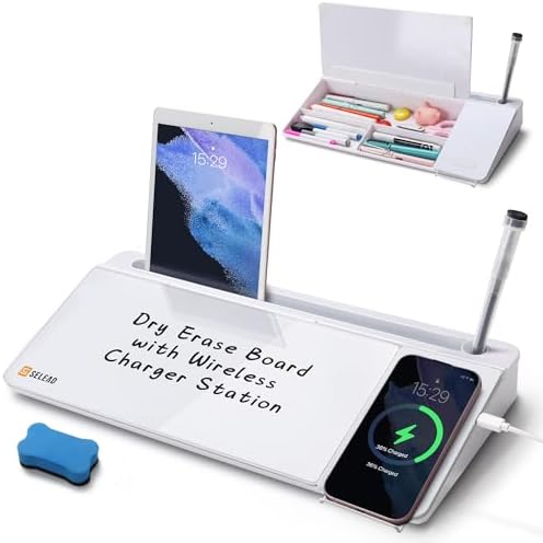SELEAD Desktop Glass Whiteboard with Wireless Charger and Storage, White by SELEAD