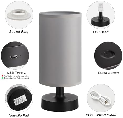 Kakanuo Cordless Table Lamp Rechargeable Small - 1 Pack Gray Black, 4000mAh Battery Operated Lamp with Touch Control Stepless Dimming, Wireless Lamp for Bedside, Nightstand, Bedroom, Living Room - Image 6