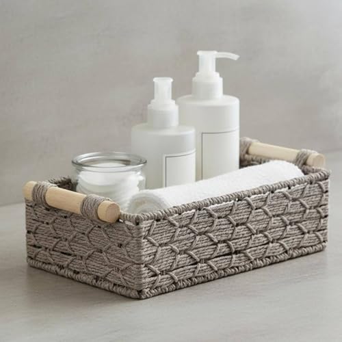 3 Pieces Handwoven Storage Basket Set With Woven Paper Rope Organizer With Wooden Handle Storage Bin Suitable for Home Organization Hallway Living Room, Khaki - Image 5
