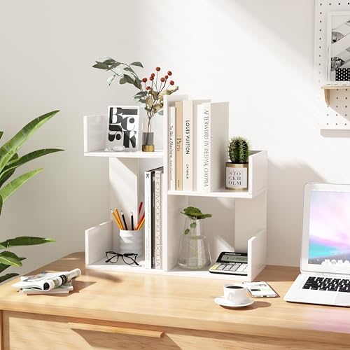Modern 2-Tier Desk Bookshelf, Short Book Organizer, Display Shelf & Desktop Storage Rack, Space-Saving Desk Bookshelf for Books, Decor & Small Items, White - Image 4