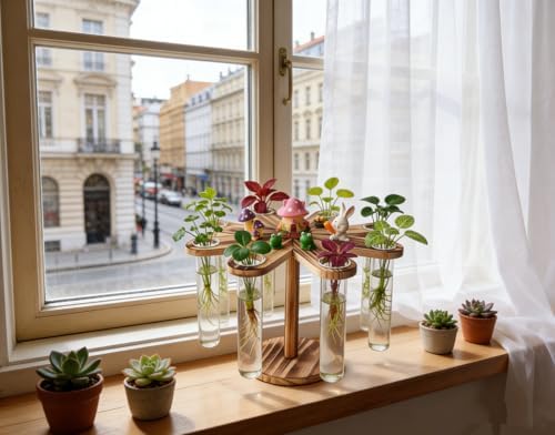 Plant Terrarium Propagation Stations, Clear Glass Flower Vases, Wooden Stand Retro, Hydroponics for Home Office Decoration, Dining Table Centerpiece - 8 Glass Tubes Vases - Image 2