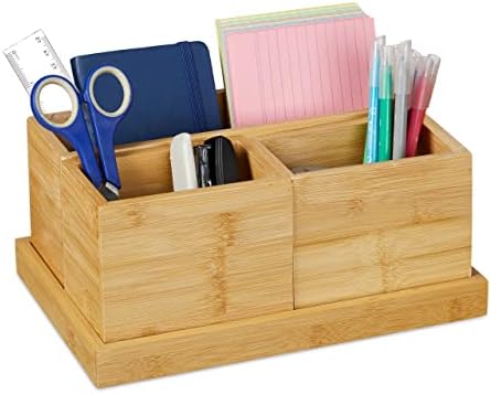 Relaxdays, Set of 4, Pen Holder, Tray, Desk Organiser for Office Utensils, Bamboo, Natural, 11.5 x 27 x 18 cm by Relaxdays