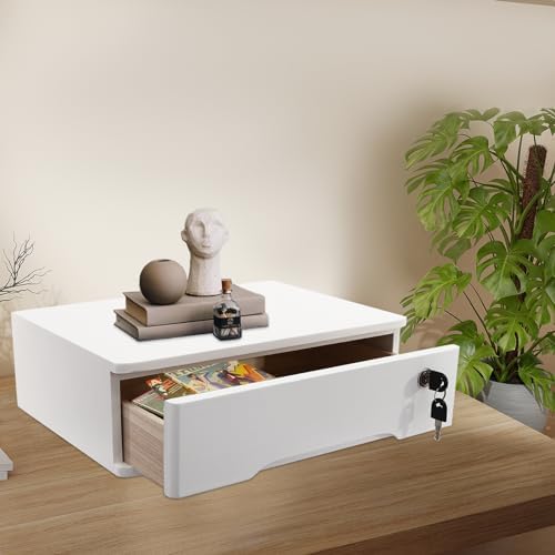 1-Tier Desktop Storage Box with Lockable Drawer, Wooden Desk Organizer for Office Supplies, Flat File Cabinet, Minimalist Design for Home & Office Use(White) - Image 2