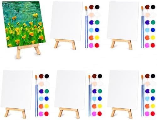 DUA MAIGA 5 Set Mini Acrylic Paint Kit, 5.9In Canvas Boards for Painting with 6.5" Easel, Acrylic Paint Strips, Painting Brushes, Mini Canvas and Easel Set for Kids Artists Beginner Gift Party (5) by DUA+MAIGA