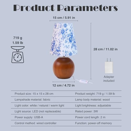 Vintage Wooden Night Lamp, Wood Base Fabric Lampshade, Adjustable Light Color and Brightness with Power-Off Memory, Safe USB Powered, Retro LED Table Light for Bedroom Living Room Office (BlueFlowers) - Image 6