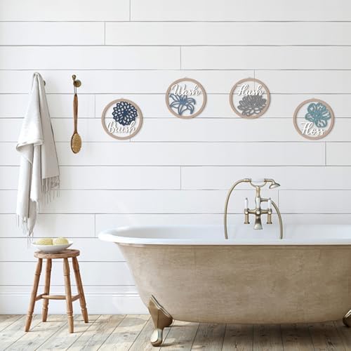 HPNIUB Farmhouse Bathroom Wall Decor, Blooming Floral Wall Art, 4 Pieces 10''x10'' Wash Brush Floss Flush Rustic Wood Plaque, Funny Bathroom Quote Wooden Sign for Home Spa Bathroom Laundry Washroom - Image 6