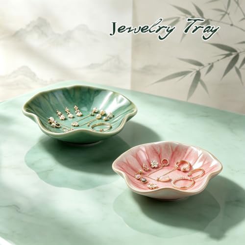 Set of 3 Assorted Ceramic Jewelry Trays White Green Pink Lotus - Image 4