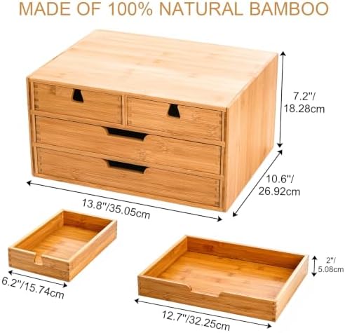 DEAYOU Bamboo Desk Organizer, 100% Natural Bamboo Desktop Drawer Organizer, Tabletop Storage Cabinet Organization Box with 4 Drawers for Makeup, Letter, Home Office Supplies, 3-Layer, Fully Assembled - Image 3