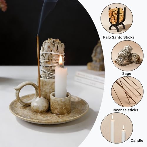 Tnstbiee 4.1 Inch 5-in1 Brown Ceramic Smudge Bowl,Versatile Incense Holder - Image 3