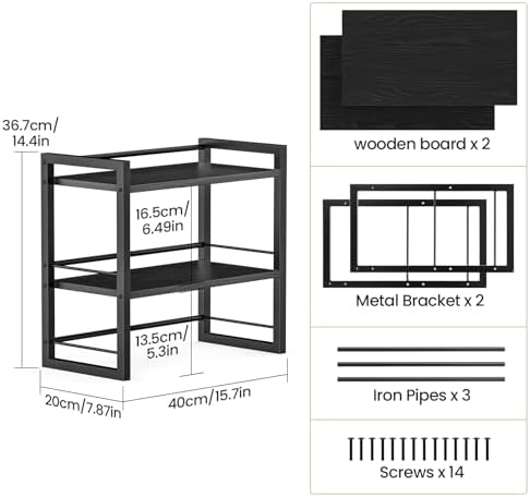 Office Desk Shelf Organizer, Wood Desktop Bookshelf Supplies Storage Rack, Shelf for Top of Desk and Dresser (Pure Black-2 Tier) - Image 3