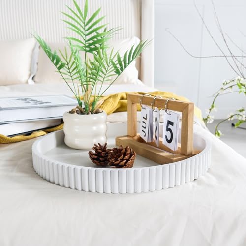 Round Decorative Tray for Coffee Table Decor, 11.8in White Decorative Serving Tray for Kitchen Counter,bandejas decorativas, Wooden Serving Tray for Party - Image 3