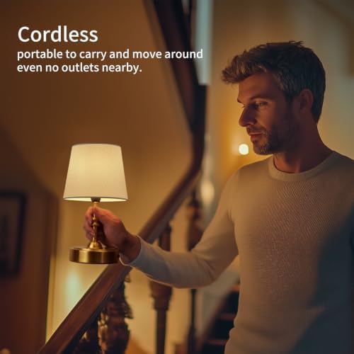 ONEWISH 2 Pack Small Cordless Lamps, Battery Operated Table lamp Dimmable, 4000mAh Rechargeable, Touch Bedside Lamp with White Fabric Shade, 2700K Bulb Included, for Dining, Patio, Bathroom(Gold) - Image 2