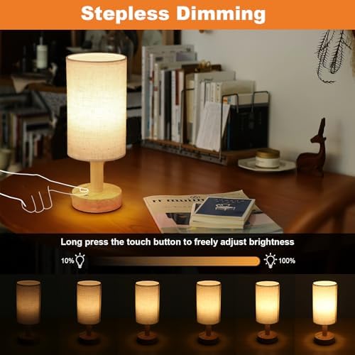 Small Cordless Touch Table Lamps Set of 2 with Stepless Dimming, Natural Wood Base & Linen Fabric Shade,Wireless Battery-Powered Ambient Night Lights for Bedroom, Bedside, Nightstand,Room, Nursery - Image 2