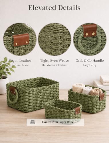 Small Wicker Baskets, 3 PCS Paper Rope Baskets for Shelves, Green - Image 4