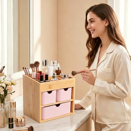 Bamboo Makeup Organizer with 3 Pink Drawers - Image 4