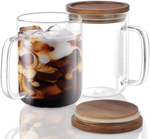 DRASTAR Glass Coffee Cups,12 oz Clear Coffee Mugs with Acacia Wood Lid,Flat Bottomed Coffee Mug with Handles,Tea Cup Set of 2 by EnhanceYourDailyLife