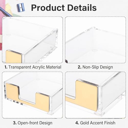 Gold Sticky Note Holder, Gold Post Note Holder for Desk, Acrylic Sticky Notes Dispenser Memo Pad Post Organizer, Clear Acrylic Desk Accessories Aesthetic Office Supplies for Desk Home Office School - Image 3