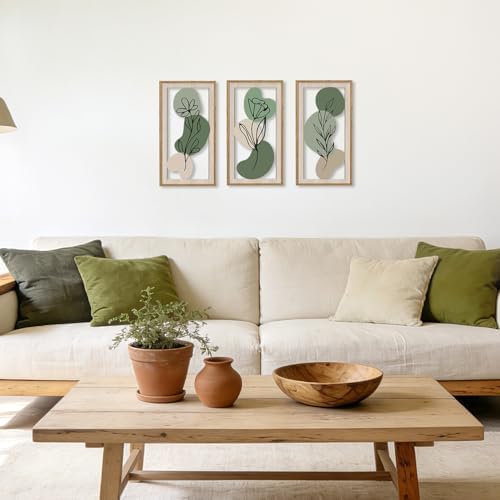 HPNIUB 3 PCS Minimalist Floral Wall Decor, Boho Green Geometric Hanging Wood Sign for Living Room, 8x16Inch Modern Bohemian Botanical Leaf Wooden Plaque for Apartment Bedroom Office Decoration - Image 3