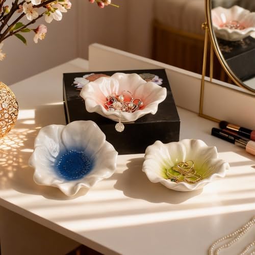 Ceramic Flower Ring Holder Dish with Gradient Center 4.5 Inch White Porcelain Jewelry Tray, Modern Minimalist Trinket Holder for Vanity, Dresser, Bedroom, Gift for Her (red) - Image 4
