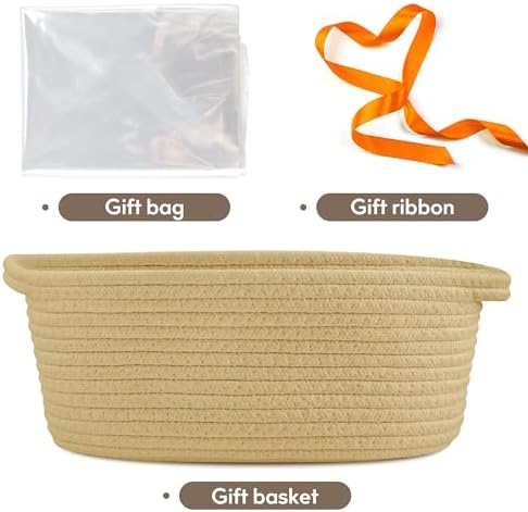 Pro Goleem Small Woven Basket with Gift Bags and Ribbons Durable Baskets for Gifts Empty Small Rope Basket for Storage 12"X 8" X 5" Baby Toy Basket with Handles, Khaki - Image 4