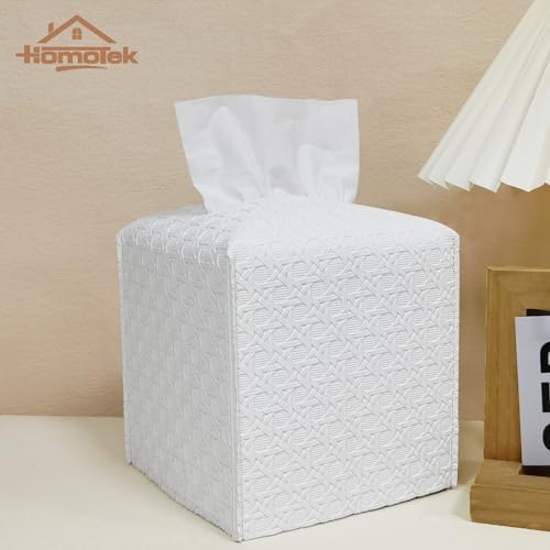 HOMOTEK 1 Pack Tissue Box Cover, Square PU Leather Tissue Holder, Decorative Facial Tissue Cube Paper Organizer Dispenser for Bathroom, Night Stands, Desk, Car 5X5X5'' - Rattan Weave, Pure White - Image 3