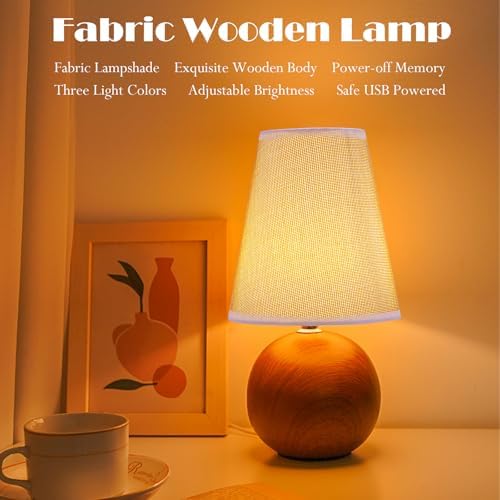 Vintage Wooden Night Lamp, Wood Base Fabric Lampshade, Adjustable Light Color and Brightness with Power-Off Memory, Safe USB Powered, Retro LED Table Light for Bedroom Living Room Office (Flax Yellow) - Image 2