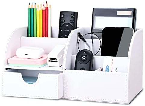 KINGFOM Pu Leather Desk Organizer Pen Pencil Holder Office Supplies Caddy Storage Box 6 Compartments with Drawer White (Full Pu Leather) by KingfomLeatherHomeOfficeDecor