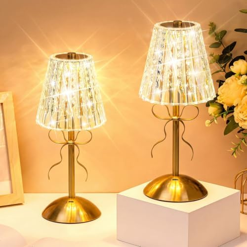 Liliful 2 Pcs Cordless Table Lamp LED Touch, Gold, Classic Style Bow by Liliful