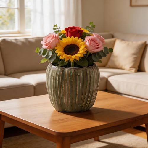 6 Inch Ceramic Planter Pot - Vintage Green Glazed Flower Pot with Accent Stripes, Decorative Indoor/Outdoor Plant Pot for Succulents, Herbs, Flowers - 5.9/6 Inches (Plants not Included) - Image 2