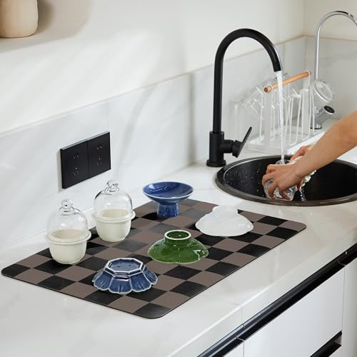 Ohocut Checkered Dish Drying Mat for Kitchen Counter, Coffee Bar Station Accessories, Retro Cute Aesthetic Modern Absorbent Drainer Mat Kitchen Drying Mat Easy Clean Brown, 24" x 16" - Image 2