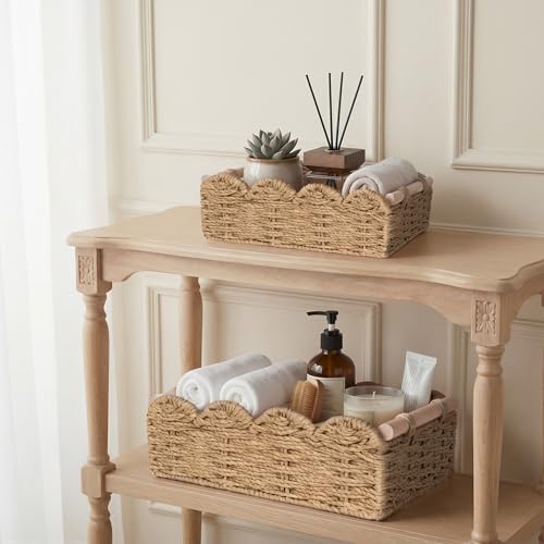 iEGrow Paper Rope Small Storage Baskets for Organizing, Set of 2 Scalloped Edge Wicker Basket with Wooden Handles Toilet Paper Basket for Over Toilet Storage Shelf, Home Decor, Living Room (Neutral) - Image 5