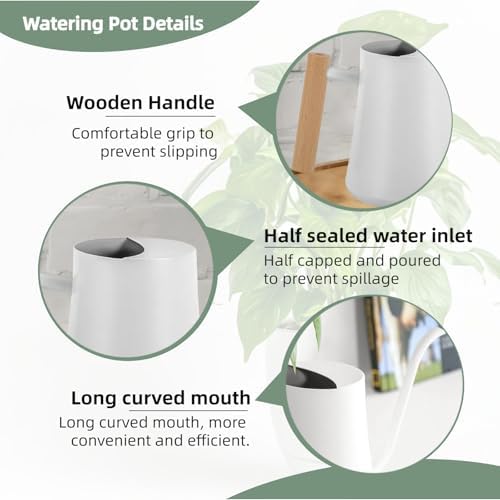 Indoor Watering Can with Long Spout, 34oz Capacity, White Metal with Wood Handle (White-W1) - Image 4
