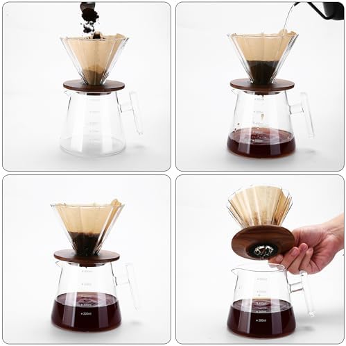 Lalord Pour Over Coffee Maker, 20 oz Borosilicate Glass Set with 100 pcs Paper Filter, Walnut Collar & Glass Lid, Drip Coffee Maker, 1-3 Cups, Clear, 600 ml, Petal Shape - Image 6
