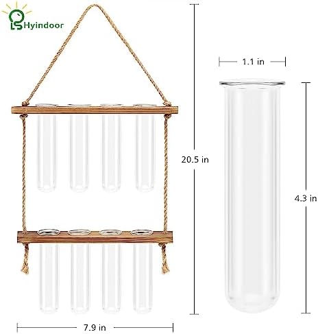 Hyindoor Wall Hanging Planter Terrarium 2 Tired Test Tube Vase Glass Planter Plant Propagation Station Plant Hangers of Rope with Wooden Stand and 8 Tubes for Hydroponic Plant Cutting - Image 3