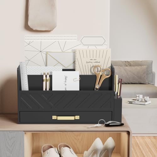Bamboo Mail Organizer Countertop Pen Holder Wooden Desktop Storage Drawers - Image 7