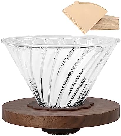Lalord Pour Over Coffee Dripper with 100 pcs Size 02 Paper Filter, Walnut Handle and Borosilicate Glass, Glass Coffee Dripper, Hold for 1-4 Cups by Lalord