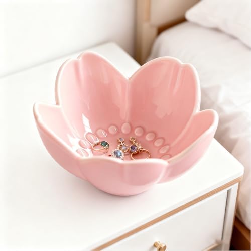 Pink Flower Ring Dish Jewelry Tray, Ceramic Jewelry Dish, Cute Small Trinket Tray, Nightstand Bathroom Decor Ring Holder, Jewlery Plate Bowl for Christmas Friendship Birthday Gifts for Women - Image 3