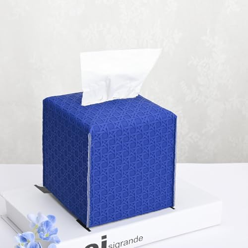 HOMOTEK 1 Pack Tissue Box Cover, Square PU Leather Tissue Holder, Decorative Facial Tissue Cube Paper Organizer Dispenser for Bathroom, Night Stands, Desk, Car 5X5X5'' - Rattan Weave, Blue by HOMOTEK