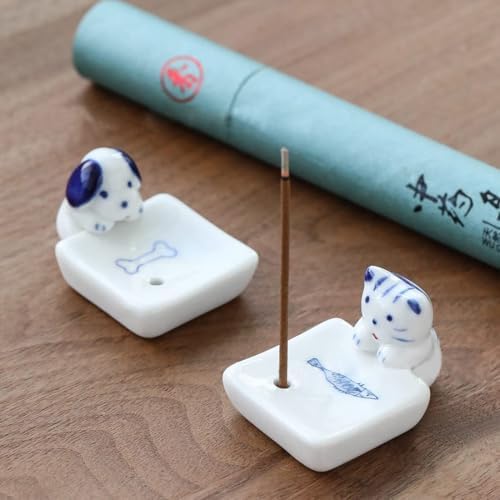 Set of 2, Japanese Mini Cute Kitty Cat with Dog Handmade White Ceramic Incense Stick Holder or Incense Burner Holder, Inscent Tray for Home Decor Yoga Spa Meditation, 1.42 inches by Oavand